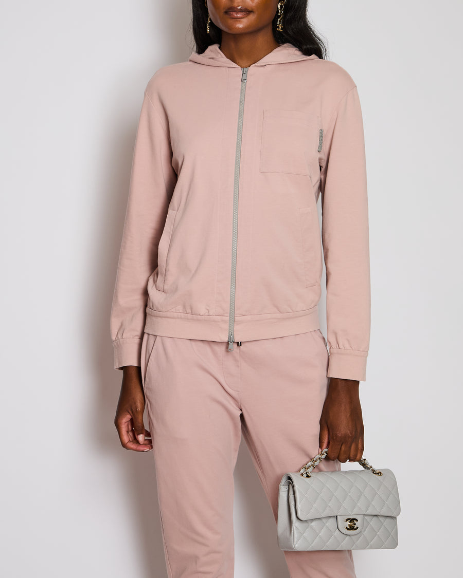 Brunello Cucinelli Pink Hooded Tracksuit Set with Silver Detail Size IT 40 (UK 8)