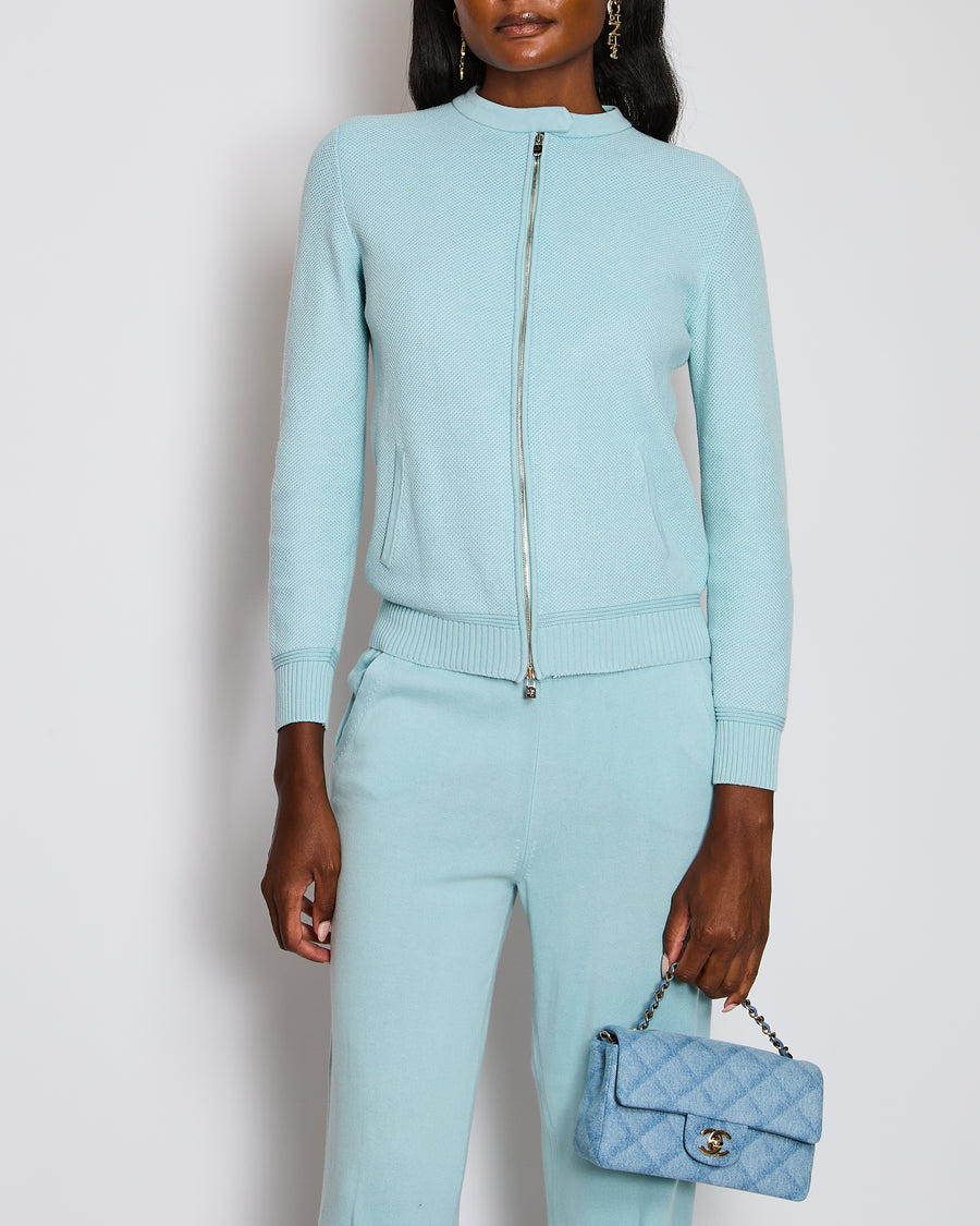 Loro Piana Blue Collarless Waffle Long Sleeve Jacket with Matching Trouser Set Size IT 42 (UK 10)