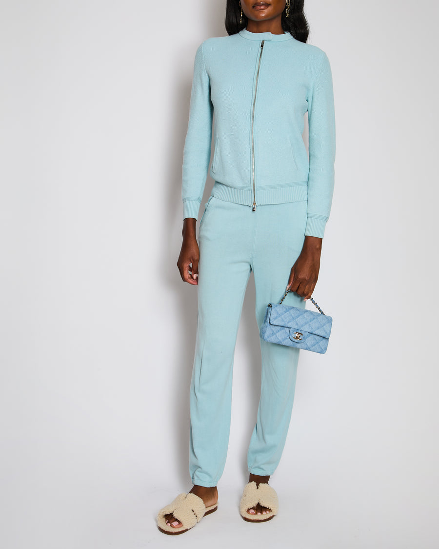 Loro Piana Blue Collarless Waffle Long Sleeve Jacket with Matching Trouser Set Size IT 42 (UK 10)