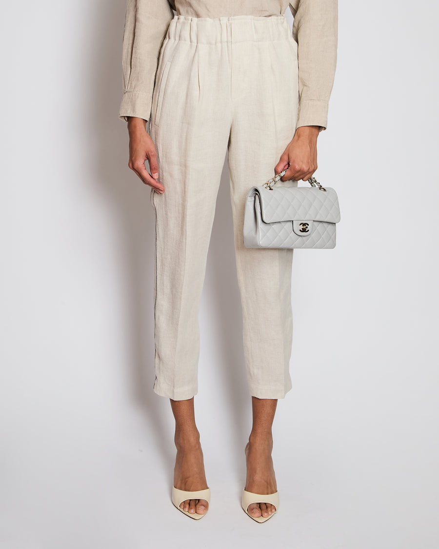 Brunello Cucinelli Beige Linen Trousers with Embellished Trim Detail Size IT 38 (UK 6)