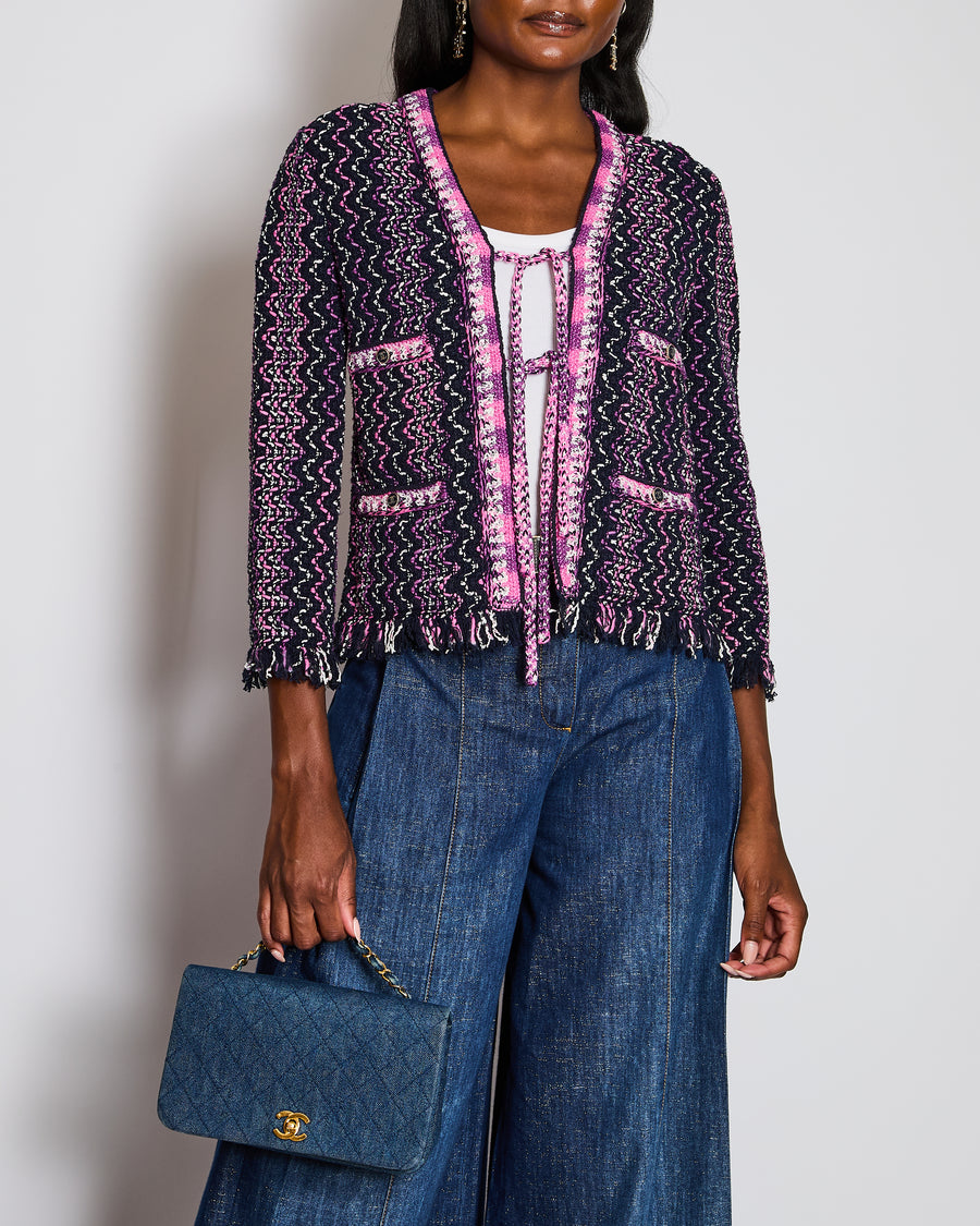 Chanel 21/P Pink Knitted Fringe Jacket with Tie Detail Size FR 34 (UK 6)