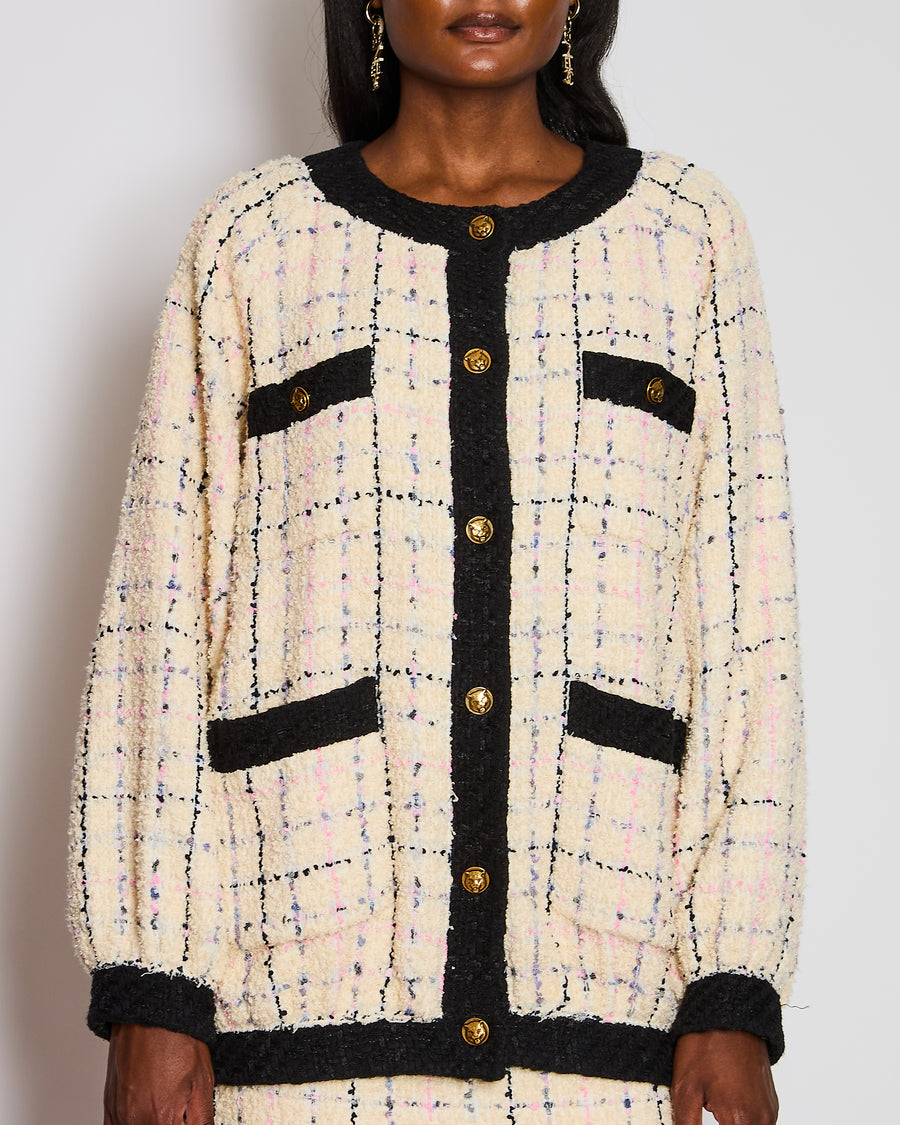 Gucci Ivory Tweed Oversized Jacket with Lion Button Detail Size IT 40 (UK 8)