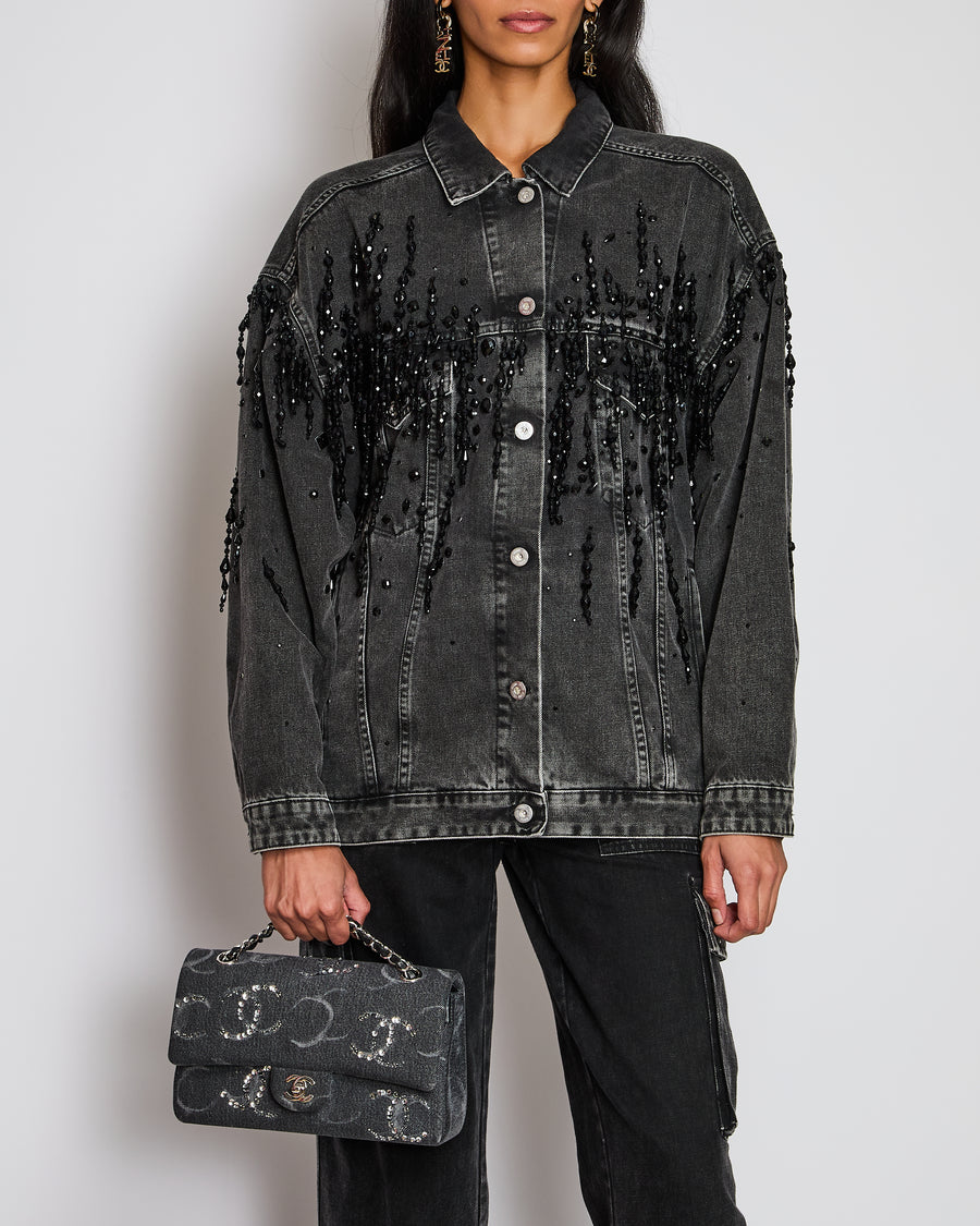 Miu Miu Washed Black Logo Embellished Oversized Denim Jacket Size IT 38 (UK 6)