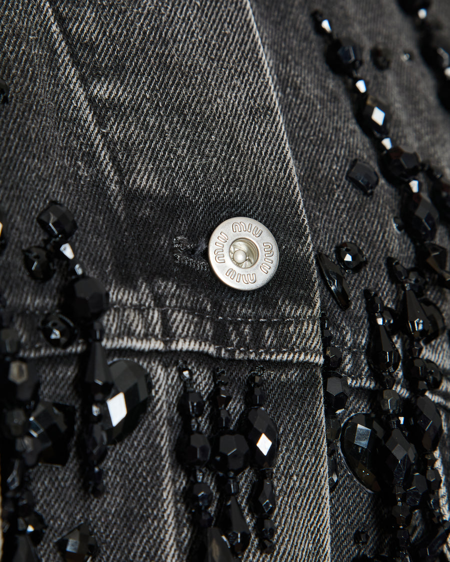 Miu Miu Washed Black Logo Embellished Oversized Denim Jacket Size IT 38 (UK 6)