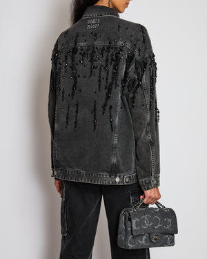 Miu Miu Washed Black Logo Embellished Oversized Denim Jacket Size IT 38 (UK 6)