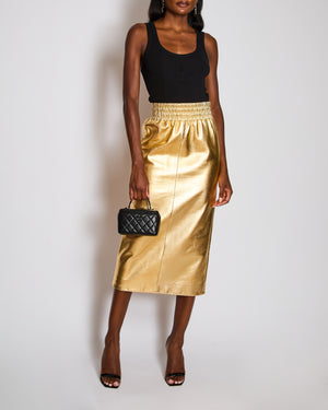 Miu Miu Gold Metallic Midi Skirt with Elasticated Waist Band Size IT 40 (UK 8)
