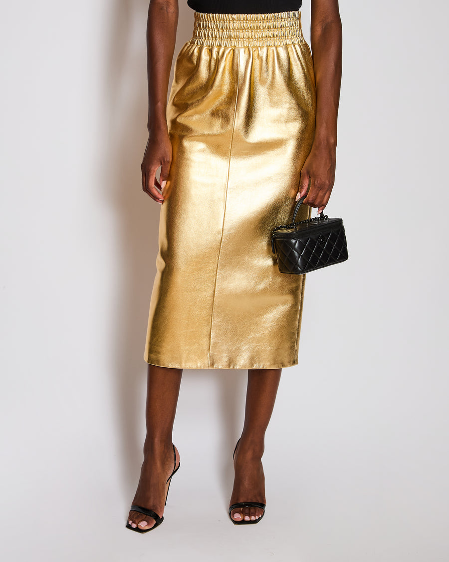 Miu Miu Gold Metallic Midi Skirt with Elasticated Waist Band Size IT 40 (UK 8)