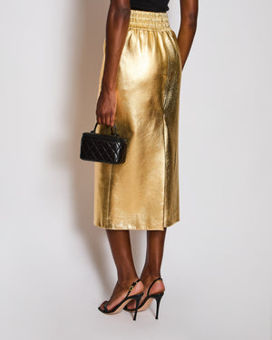 Miu Miu Gold Metallic Midi Skirt with Elasticated Waist Band Size IT 40 (UK 8)