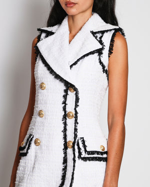 Balmain White and Black Sleeveless Tweed Double Breasted Gilet Dress FR 38 (UK 10)