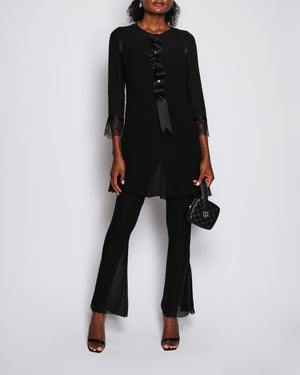 Chanel Vintage 02P Black Silk Flared Jumpsuit and Sheer Blouse Set with Ribbon Detail and Black Crystal CC Logo Buttons Size FR 38/40 (UK 10/12)