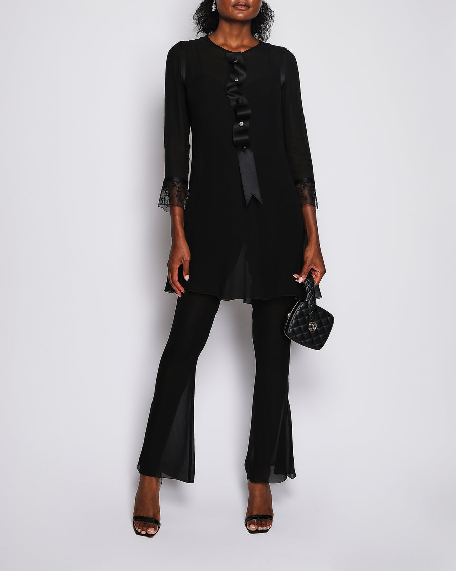 Chanel Vintage 02P Black Silk Flared Jumpsuit and Sheer Blouse Set with Ribbon Detail and Black Crystal CC Logo Buttons Size FR 38/40 (UK 10/12)
