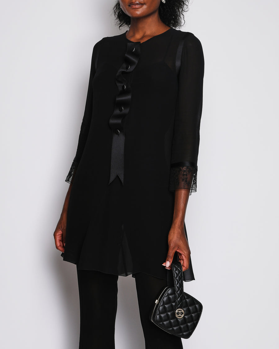 Chanel Vintage 02P Black Silk Flared Jumpsuit and Sheer Blouse Set with Ribbon Detail and Black Crystal CC Logo Buttons Size FR 38/40 (UK 10/12)