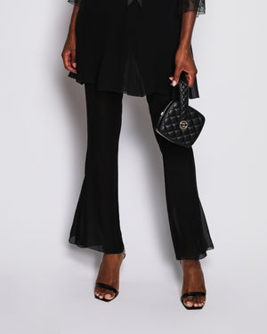 Chanel Vintage 02P Black Silk Flared Jumpsuit and Sheer Blouse Set with Ribbon Detail and Black Crystal CC Logo Buttons Size FR 38/40 (UK 10/12)