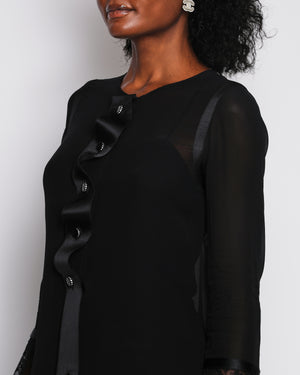 Chanel Vintage 02P Black Silk Flared Jumpsuit and Sheer Blouse Set with Ribbon Detail and Black Crystal CC Logo Buttons Size FR 38/40 (UK 10/12)