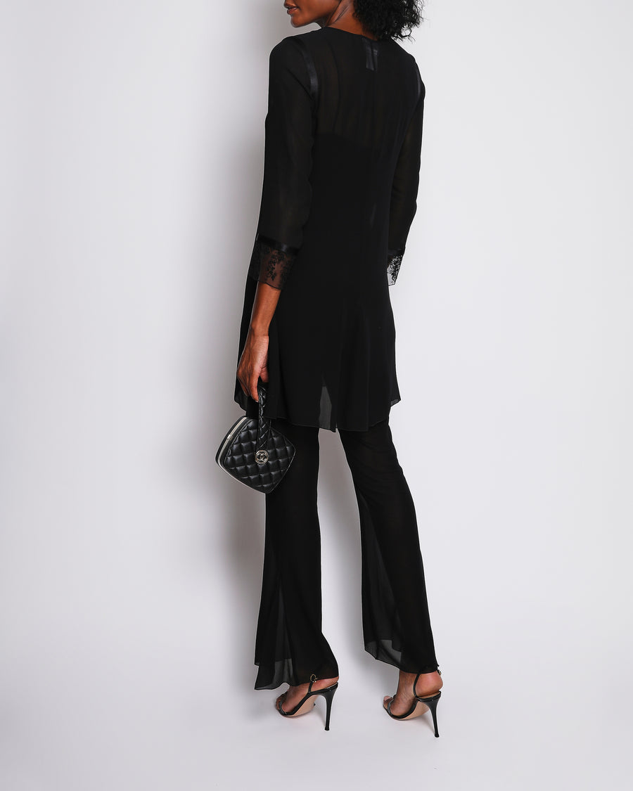 Chanel Vintage 02P Black Silk Flared Jumpsuit and Sheer Blouse Set with Ribbon Detail and Black Crystal CC Logo Buttons Size FR 38/40 (UK 10/12)