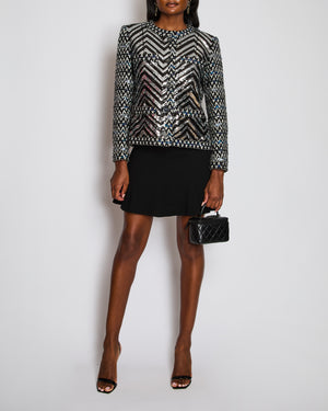 Chanel 21K Black Collarless Chevon Sequin Tweed Jacket Size FR 42 (UK 14)