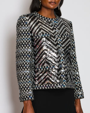 Chanel 21K Black Collarless Chevon Sequin Tweed Jacket Size FR 42 (UK 14)