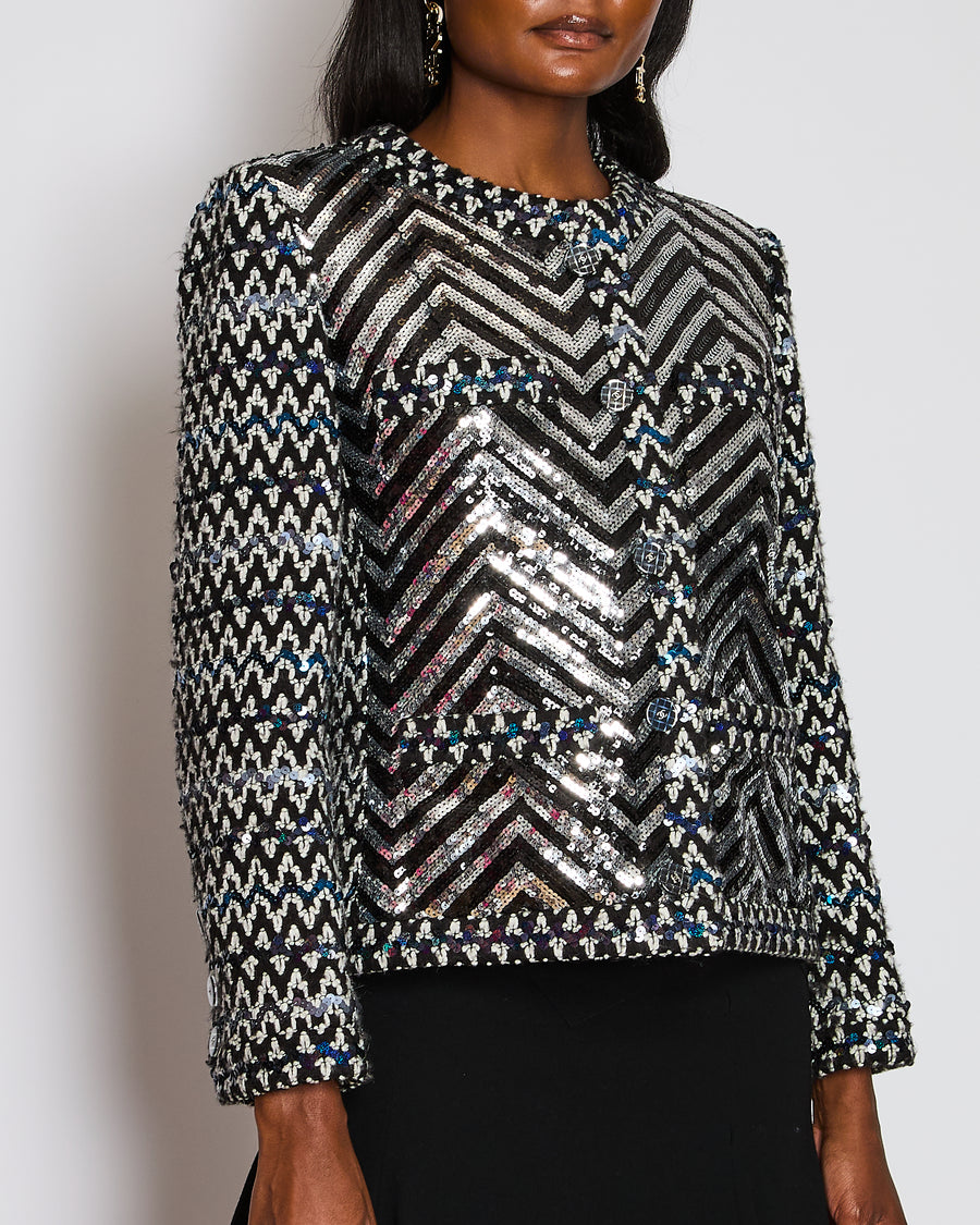 Chanel 21K Black Collarless Chevon Sequin Tweed Jacket Size FR 42 (UK 14)