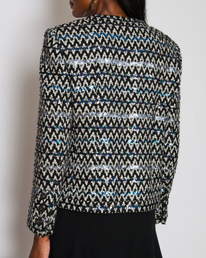 Chanel 21K Black Collarless Chevon Sequin Tweed Jacket Size FR 42 (UK 14)