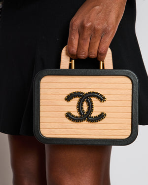 *VERY RARE* Chanel Brown Wooden Vanity Case Bag with Black CC Leather Chain Logo