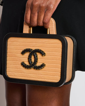 *VERY RARE* Chanel Brown Wooden Vanity Case Bag with Black CC Leather Chain Logo