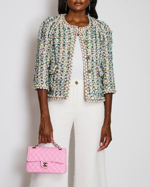 Chanel 18/K Green Collarless Button Down Tweed Lessage Jacket Size FR 42 (UK 14)