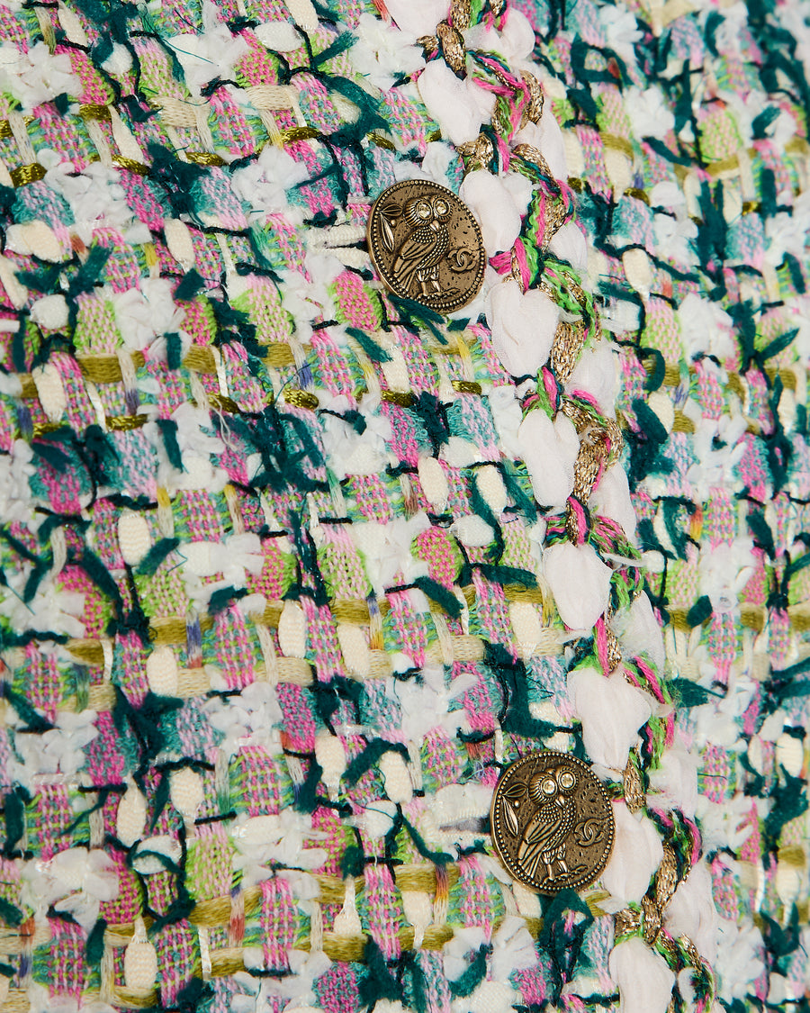 Chanel 18/K Green Collarless Button Down Tweed Lessage Jacket Size FR 42 (UK 14)
