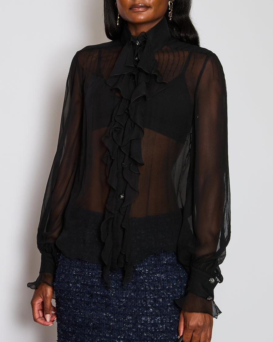 Chanel Black Ruched Chiffon Silk Blouse Size FR 40 (UK 12)