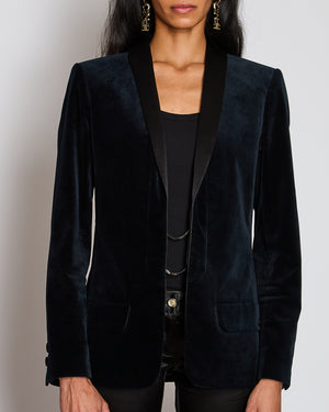Chanel Navy Velvet Smoking Jacket with Lapel Detail Size FR 42 (UK 14)