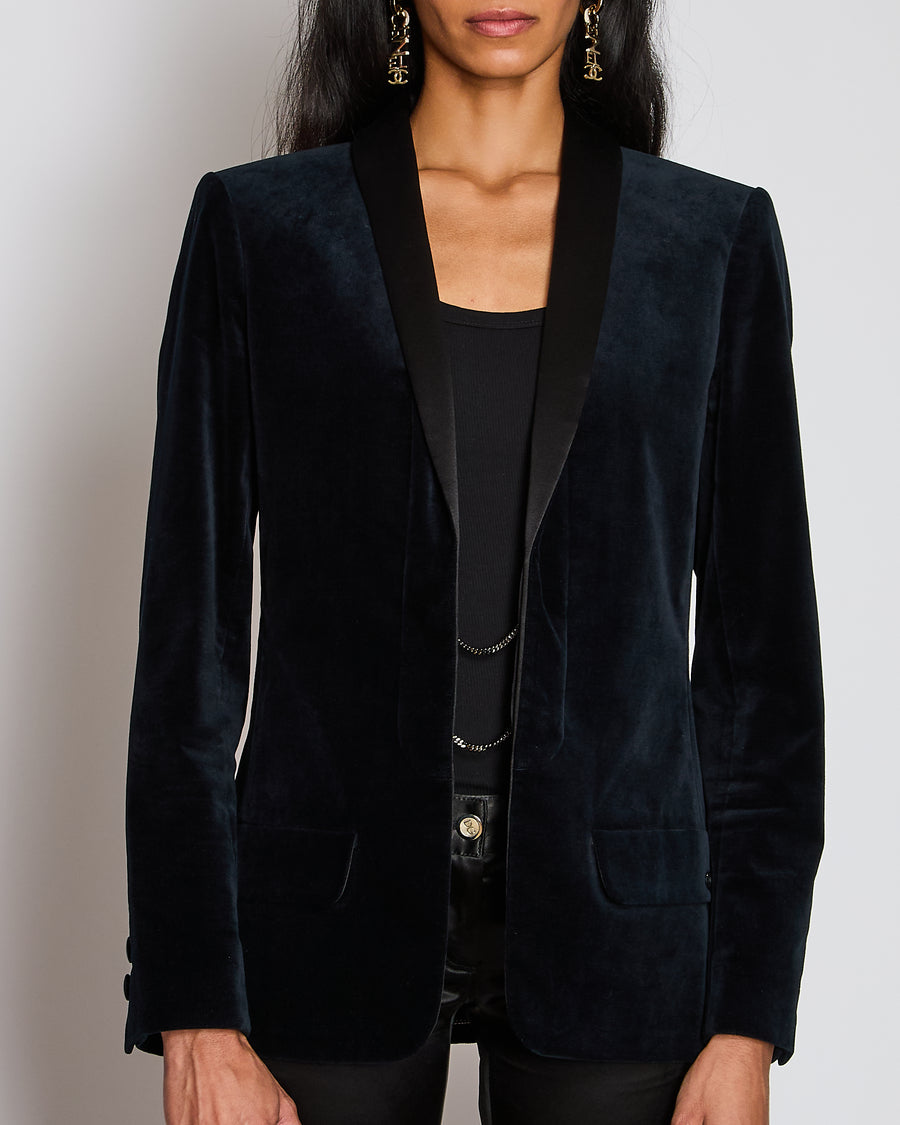 Chanel Navy Velvet Smoking Jacket with Lapel Detail Size FR 42 (UK 14)