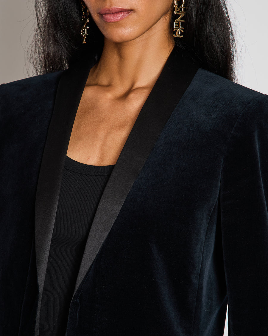 Chanel Navy Velvet Smoking Jacket with Lapel Detail Size FR 42 (UK 14)