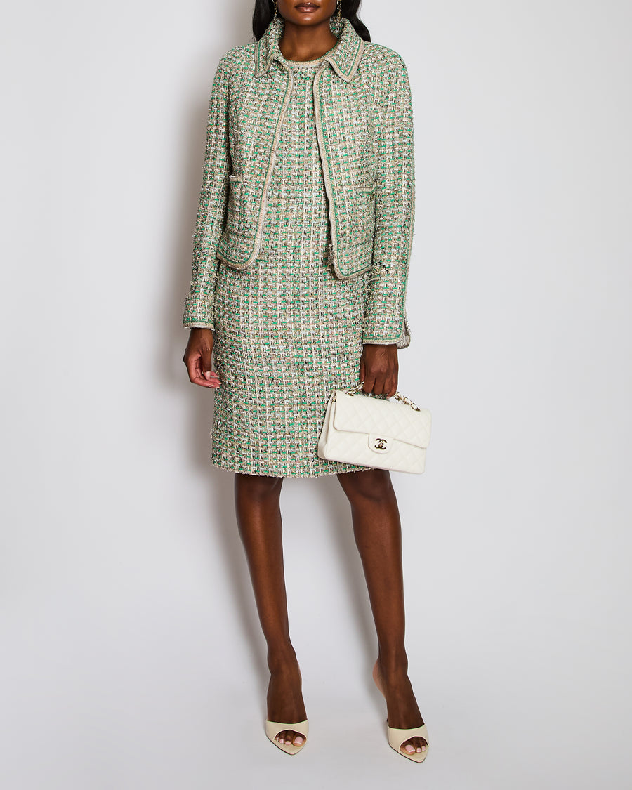 *HAUTE COUTURE* Chanel Green Lessage Tweed Jacket with Matching Dress Set Size FR 42 (UK 14)