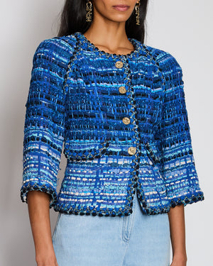 Chanel 18/C Blue Tweed Collarless Button Down Jacket Size FR 42 (UK 14)