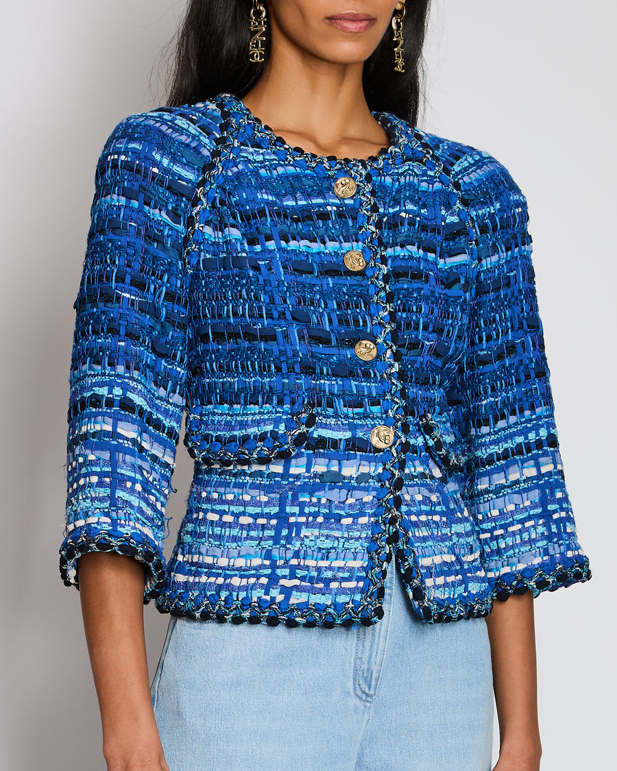 Chanel 18/C Blue Tweed Collarless Button Down Jacket Size FR 42 (UK 14)
