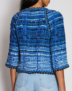 Chanel 18/C Blue Tweed Collarless Button Down Jacket Size FR 42 (UK 14)