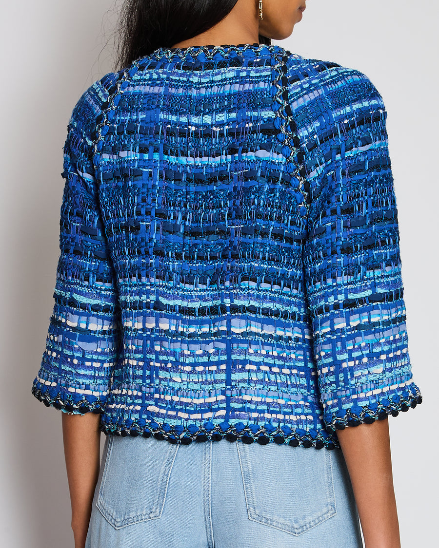 Chanel 18/C Blue Tweed Collarless Button Down Jacket Size FR 42 (UK 14)