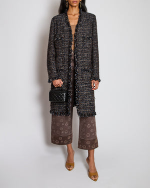 Chanel Brown Long Line Tweed Jacket with Frayed Trim Detail Size FR 44 (UK 16)