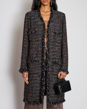 Chanel Brown Long Line Tweed Jacket with Frayed Trim Detail Size FR 44 (UK 16)