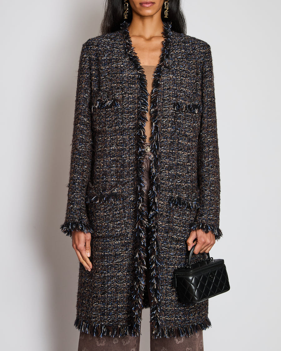 Chanel Brown Long Line Tweed Jacket with Frayed Trim Detail Size FR 44 (UK 16)