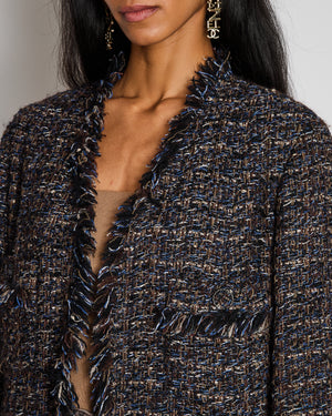 Chanel Brown Long Line Tweed Jacket with Frayed Trim Detail Size FR 44 (UK 16)