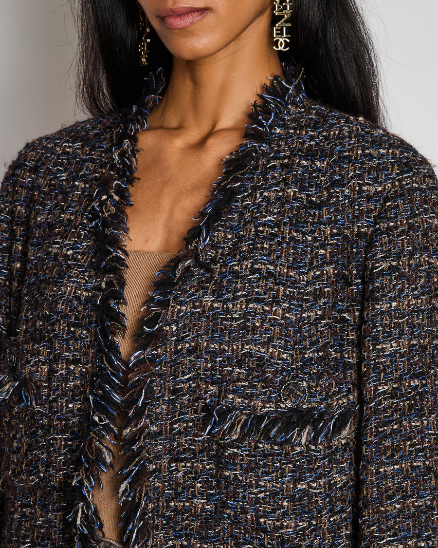 Chanel Brown Long Line Tweed Jacket with Frayed Trim Detail Size FR 44 (UK 16)