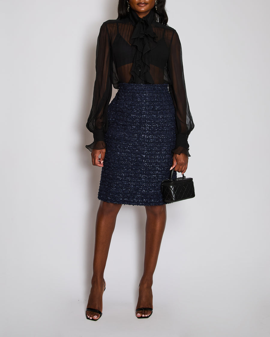 Chanel Navy La Pausa Tweed Midi Skirt with Pocket Detail Size FR 42 (UK 14)