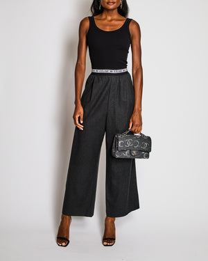 Celine Grey Wool Wide Leg Trousers with Elasticated Logo Waistband Size FR 38 (UK 10)