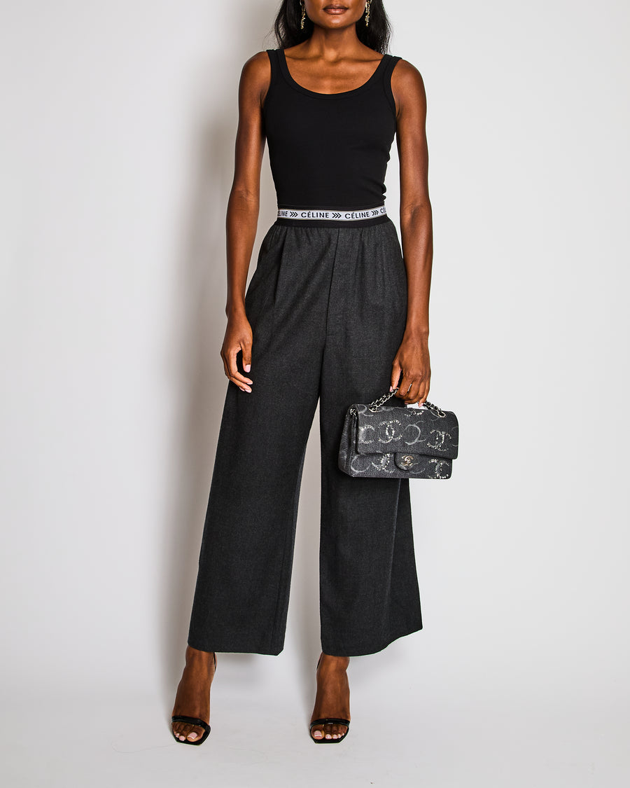 Celine Grey Wool Wide Leg Trousers with Elasticated Logo Waistband Size FR 38 (UK 10)