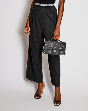 Celine Grey Wool Wide Leg Trousers with Elasticated Logo Waistband Size FR 38 (UK 10)