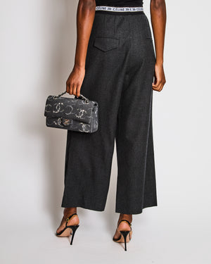 Celine Grey Wool Wide Leg Trousers with Elasticated Logo Waistband Size FR 38 (UK 10)
