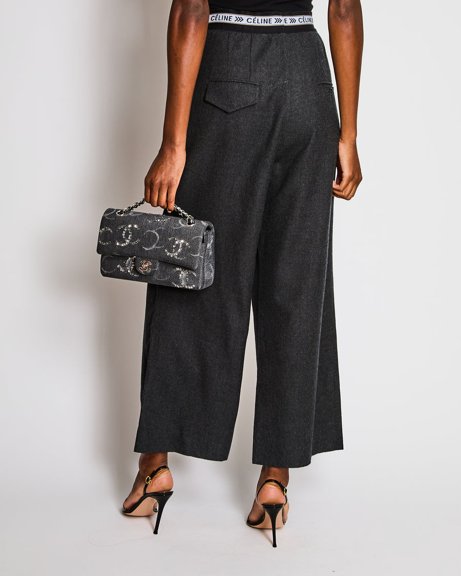 Celine Grey Wool Wide Leg Trousers with Elasticated Logo Waistband Size FR 38 (UK 10)