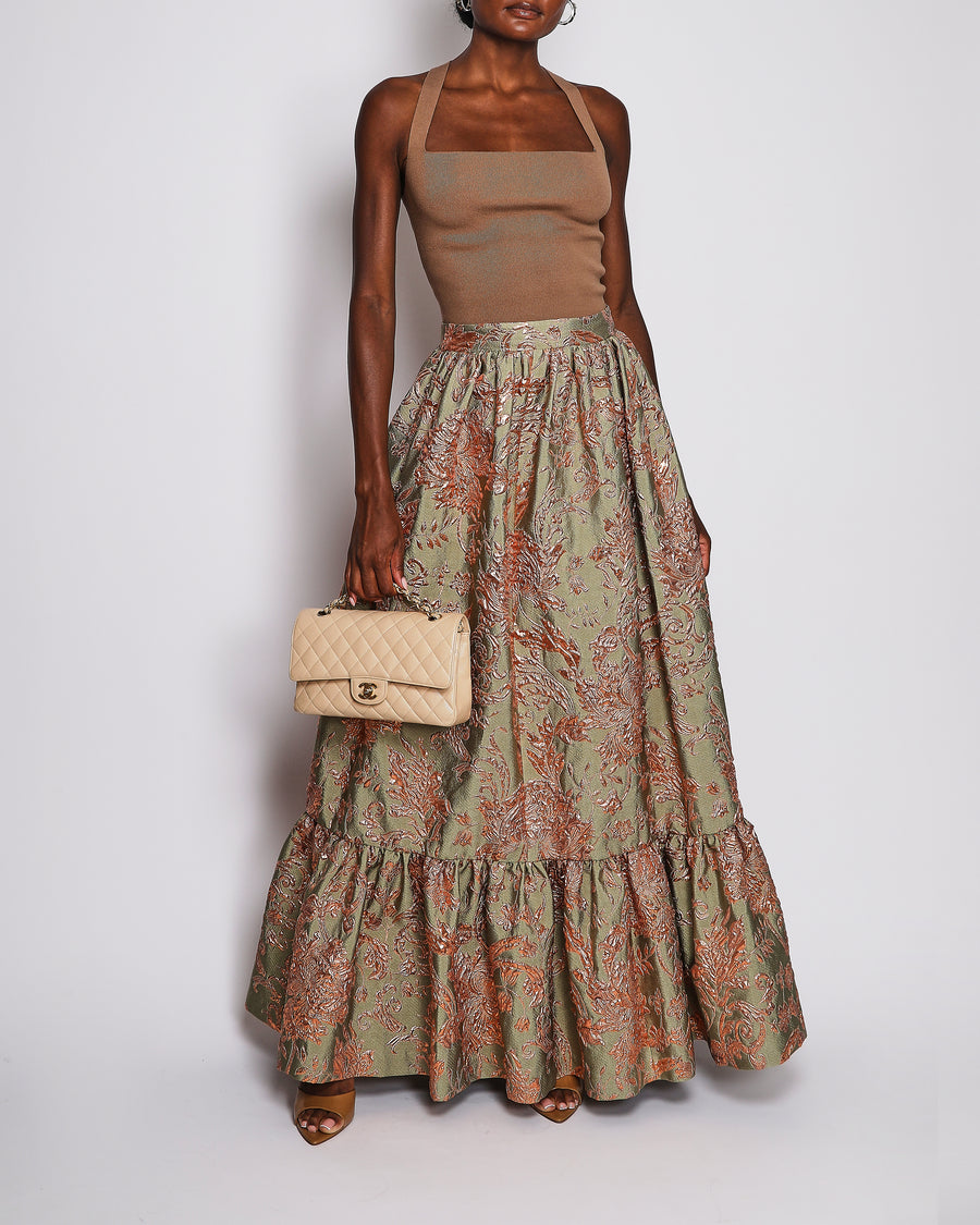 Alena Akhmadullina Green and Rose Gold Embroidered Floral Maxi Skirt Size M (UK 10)