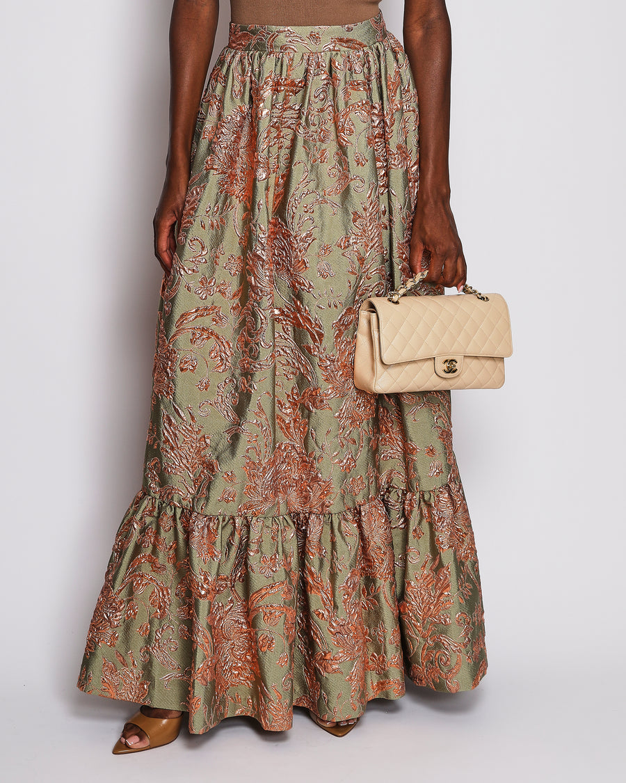 Alena Akhmadullina Green and Rose Gold Embroidered Floral Maxi Skirt Size M (UK 10)