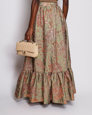 Alena Akhmadullina Green and Rose Gold Embroidered Floral Maxi Skirt Size M (UK 10)